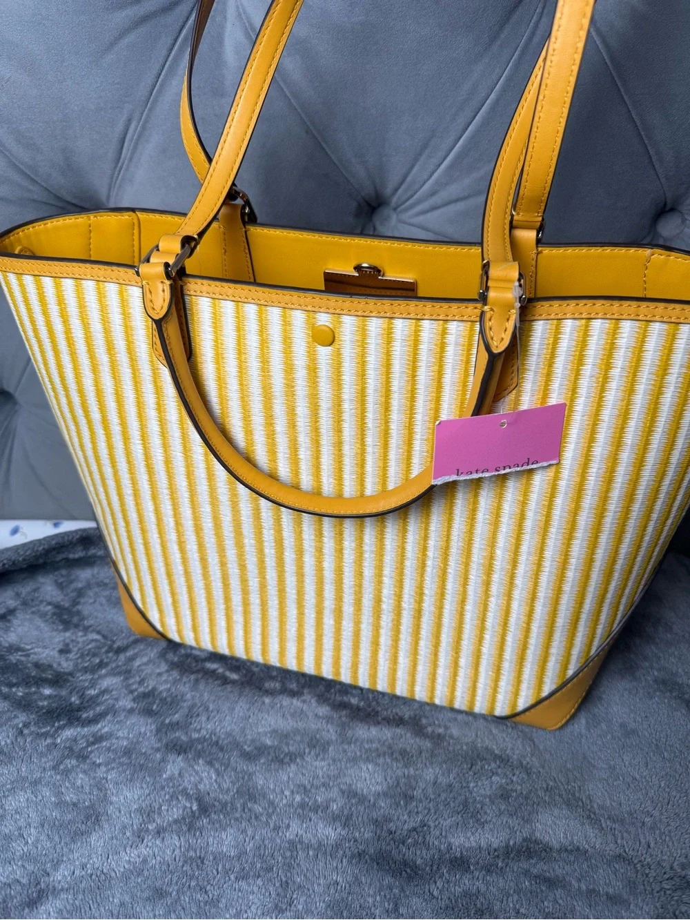Kate spade Buddie Striped Straw Small Tote yellow and white new with tag